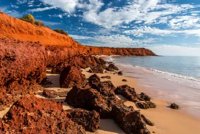 Rugged ochre cliffs and red rocks line a sandy beach beside the calm waters of Shark Bay.
