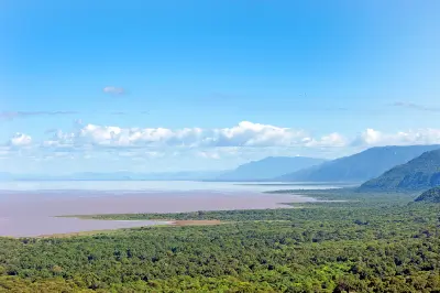 Panoramic view of Lake Manyara from the Ngorongoro Highlands with the Rift Valley escarpment in northern Tanzania.