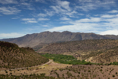 Mountain landscape and green agricultural valley in Aït Bouguemez Valley, Morocco