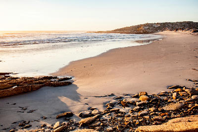 Rocky shoreline and sandy beach at Green River Mouth on the Atlantic coast within Namaqua National Park, Northern Cape, South Africa.