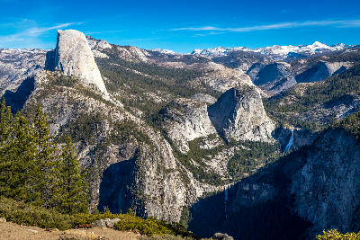 Washburn Point view of Half Dome and Nevada Fall in Yosemite National Park, California.