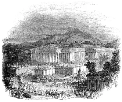 Black-and-white engraving depicting an imagined ancient Ephesus, with the monumental colonnaded Temple of Artemis surrounded by crowds, classical buildings and mountains.