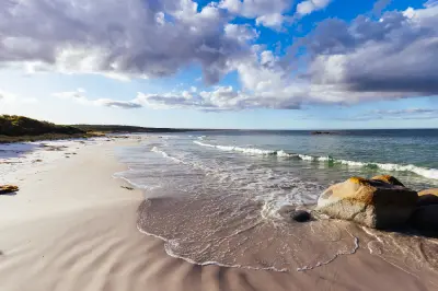 Sandy beach and ocean at The Gardens in the Bay of Fires, Tasmania.