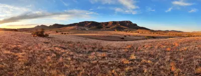 Panoramic view of Rawnsley Bluff from Station Hill Lookout, with golden grasslands and rugged mountain ridges in the Flinders Ranges, South Australia.
