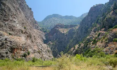 Rugged limestone cliffs and vegetation inside Butterfly Valley near Ölüdeniz and Fethiye, Turkey.