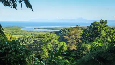 Looking over thick green jungle foliage towards a broad coastal inlet and the open blue sea under a clear sky.