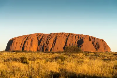 Close ground-level view of Uluru glowing orange at sunrise, with deep vertical grooves visible above golden desert grassland.