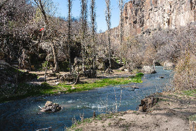 Melendiz River flowing through the rocky gorge of Ihlara Valley, Cappadocia, Turkey.