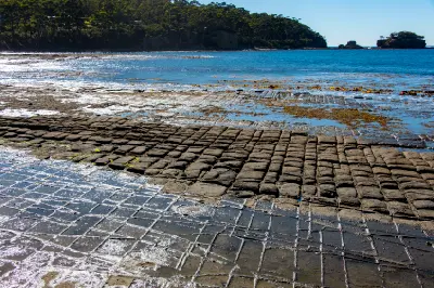 Rectangular tessellated rock formations extending into the sea at Tessellated Pavement, Tasmania.