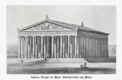 Black-and-white reconstruction showing the Temple of Artemis as a vast classical building surrounded by tall columns, with a sculpted pediment and broad steps.