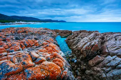 Orange lichen-covered granite rocks and clear coastal water at Friendly Beaches, Freycinet National Park, Tasmania.