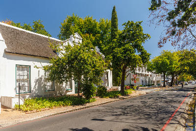 Cape Dutch streetscape in central Stellenbosch in South Africa’s Cape Winelands