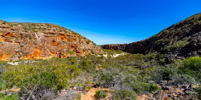 Walking terrain through rugged limestone cliffs and native vegetation at Yardie Creek Gorge.