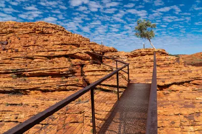 A horizontal, vibrant image showing a section of the Kings Canyon Rim Walk in the Northern Territory of Australia with no people present. A narrow, dark metal mesh pedestrian bridge with railings spans a gap between massive, layered orange and red sandstone rock formations. A single green tree stands resiliently atop the ancient rocky plateau under a bright blue sky filled with scattered white clouds.