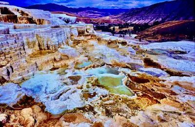 Mammoth Hot Springs terraces Yellowstone National Park wide view travertine geothermal pools Wyoming USA