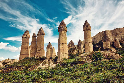 Love Valley with distinctive geological rock formations in the Cappadocia region of Turkey.