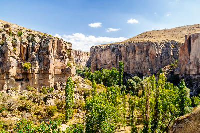 Rock cliffs and tree-lined valley floor in Ihlara Valley, Cappadocia, Turkey.