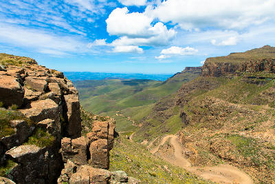 View down the winding gravel switchbacks of Sani Pass in the Drakensberg mountains on the South Africa–Lesotho border.