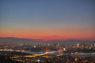 Panoramic dusk view of Istanbul and the Bosphorus Bridge from Çamlıca Hill.