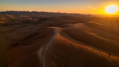 Aerial sunset view of a winding road across golden hills near Razorback Lookout, Flinders Ranges, South Australia.