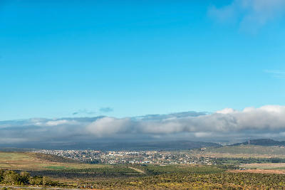 View of Clanwilliam and surrounding farmlands from Pakhuis Pass in the Cederberg region of South Africa.