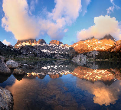 Ediza Lake sunrise reflection Minaret Range Ansel Adams Wilderness Sierra Nevada California