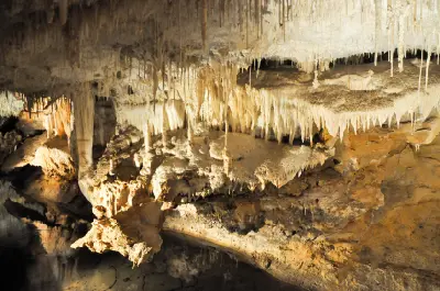Straw stalactites and illuminated limestone formations above the underground lake in Lake Cave, Western Australia.