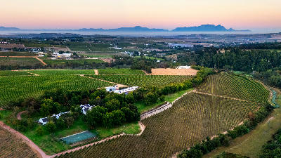Aerial view of Rust en Vrede Estate vineyards and farmland in Stellenbosch with Table Mountain visible on the horizon toward Cape Town, South Africa.