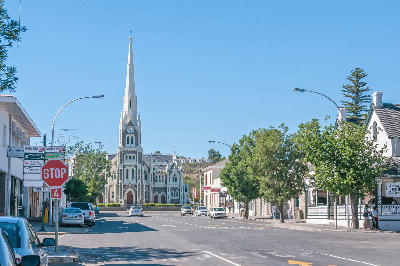 The Dutch Reformed Church rising above the historic town centre of Graaff-Reinet in the Eastern Cape Karoo, South Africa.