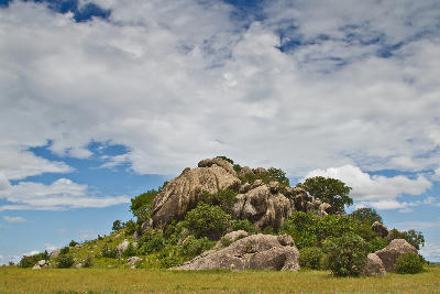 Granite kopje surrounded by open savanna and scattered trees beneath dramatic clouds at Moru Kopjes in Serengeti National Park, Tanzania.