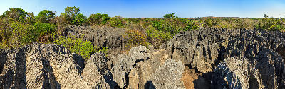Panoramic view across the limestone pinnacles of Little Tsingy in Tsingy de Bemaraha Strict Nature Reserve, Madagascar
