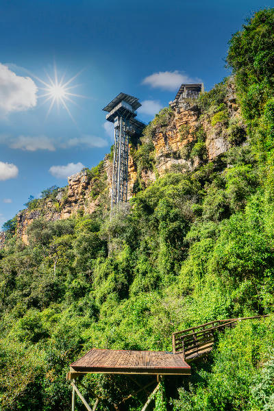 Glass lift descending into Graskop Gorge above indigenous forest and cliff faces along the Panorama Route in Mpumalanga, South Africa.