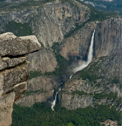 Upper and Lower Yosemite Falls viewed from Glacier Point in Yosemite National Park, California.