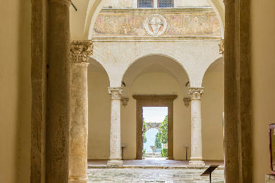 Entrance to the historic Palazzo Piccolominin in Pienza, Italy