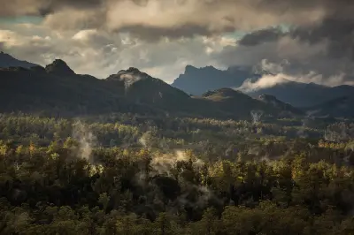 Mist and low clouds over forested mountains in Franklin-Gordon Wild Rivers National Park, Tasmania.