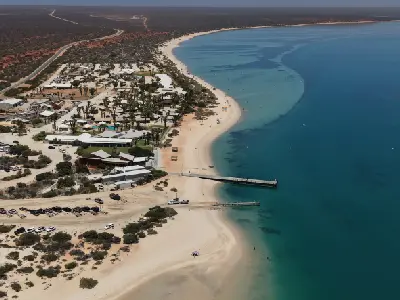 Aerial view of Monkey Mia showing the curved sandy beach, jetty, coastal buildings and turquoise waters of Shark Bay.