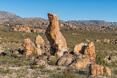 Sandstone rock tower along the Vensterklippe Trail near Dwarsrivier in the Cederberg Mountains, Western Cape, South Africa.