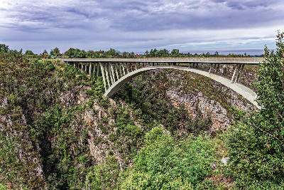 Storms River Bridge spanning the deep Storms River Gorge in Tsitsikamma, Eastern Cape, South Africa.