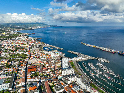 Drone view of Ponta Delgada city centre, marina and harbour on São Miguel Island in the Azores.