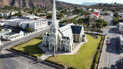 Aerial view of the Dutch Reformed Church surrounded by the historic centre of Graaff-Reinet in the Eastern Cape Karoo.