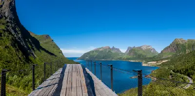 Bergsfjord viewed from Bergsbotn platform with wooden walkway leading into the fjord