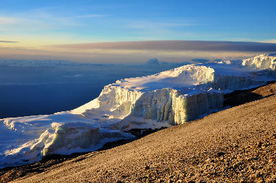 Sunlit Southern Ice Fields near Uhuru Peak on Mount Kilimanjaro, Tanzania.