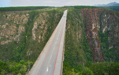Drone view looking along Bloukrans Bridge above the forested Bloukrans River Gorge in the Garden Route.
