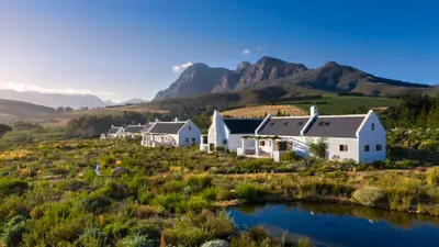 White Cape Dutch farm cottages at Babylonstoren surrounded by landscaped gardens, ponds, vineyards, and mountain scenery in South Africa’s Cape Winelands.