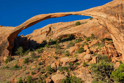 Closer view of Landscape Arch showing its thin span and rock texture