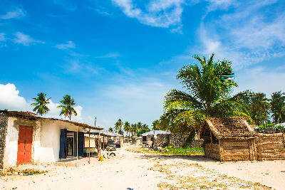 Traditional homes, palm trees, and sandy streets in Jambiani village on Zanzibar's southeast coast, Tanzania.