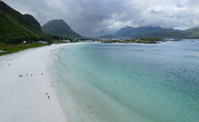 Aerial view of Rambergstranda, Lofoten Islands, Norway