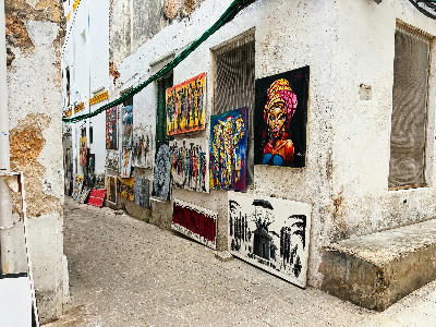 Vibrant paintings displayed for sale along a narrow alley lined with historic whitewashed buildings in Stone Town, Zanzibar.