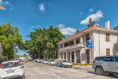 Street scene in Clanwilliam showing a historic commercial building and town centre in the Western Cape, South Africa.