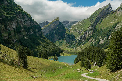 Scenic view of Seealpsee lake in Swiss Alps in summer